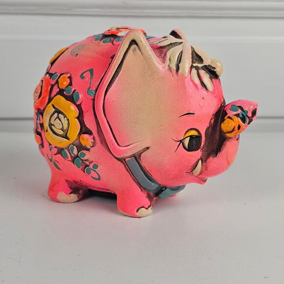 VTG 1968 hot pink elephant bank Japan floral Holiday Fair - Picture 1 of 9